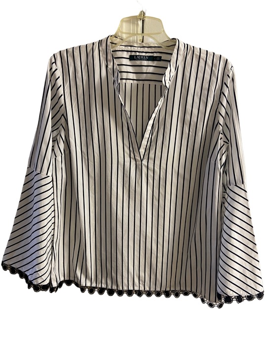 Lauren Ralph Lauren Tops - Lauren Ralph Lauren Striped V-Neck Bell Sleeve Crochet Lace Hem Top L